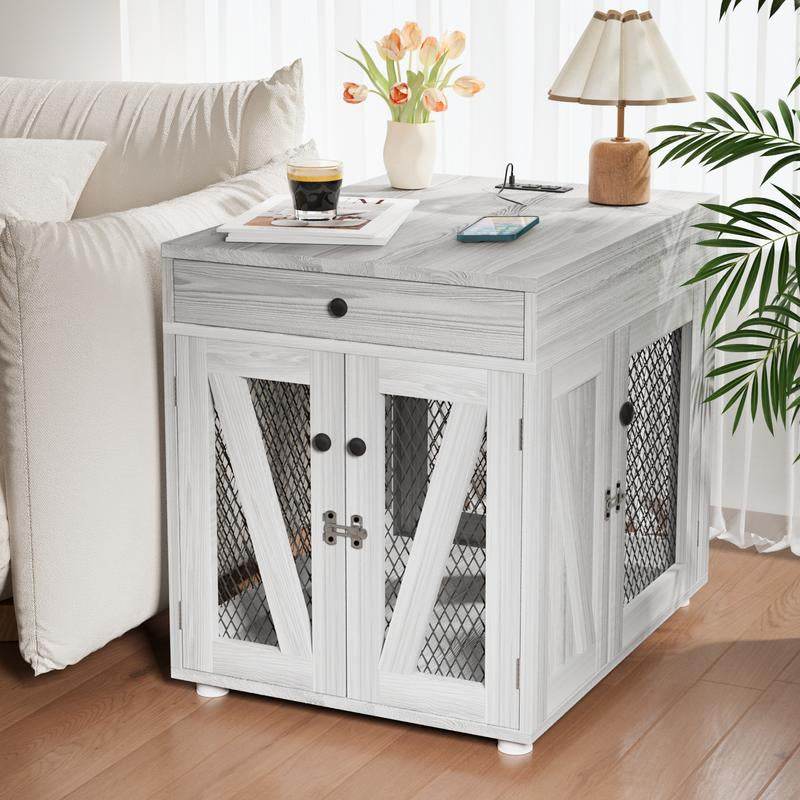 Dog Crate End Table with Drawer & USB Charging