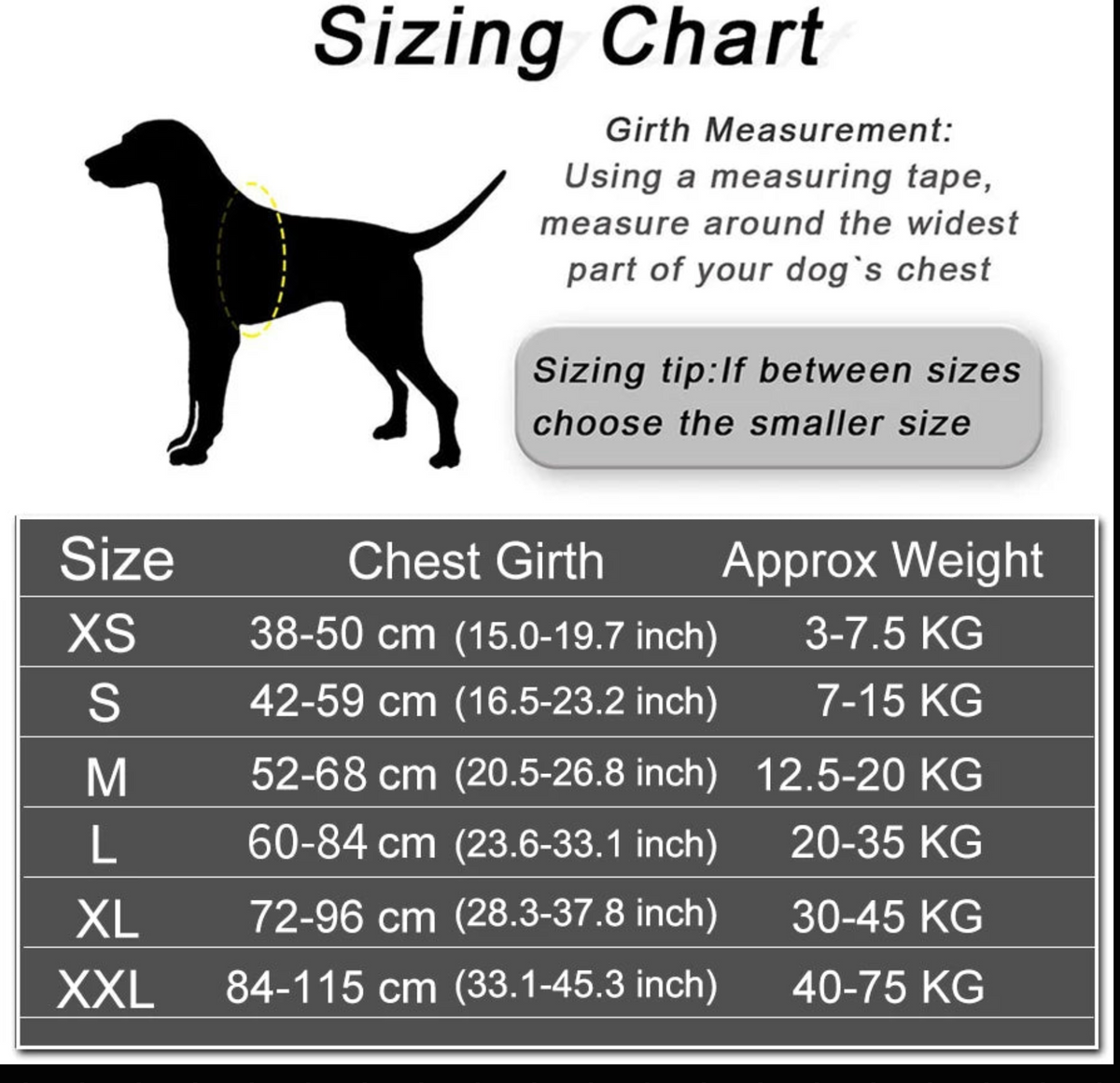 Dog harness sizing chart showing chest girth measurements for XS through XXL